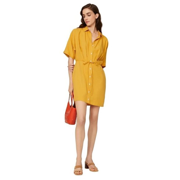 Thakoon Collective Tie Waist Shirtdress in Yellow 6 Womens Mini Collared - Picture 1 of 16